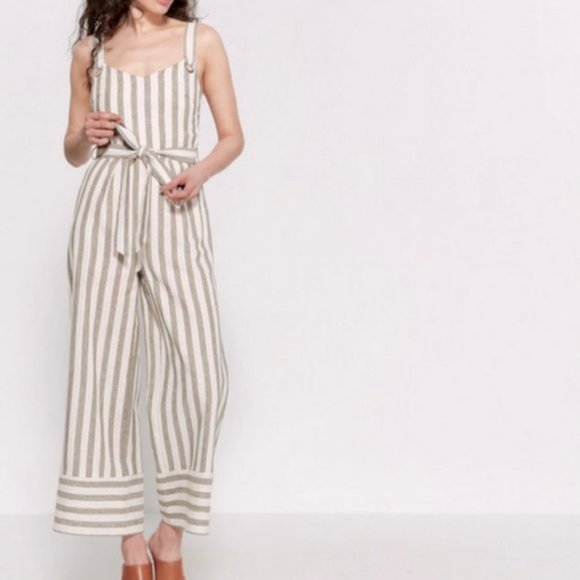 NEW Light Moss Olive Green Striped Tie Waist Linen Cotton Blend Jumpsuits $140 - Picture 4 of 8